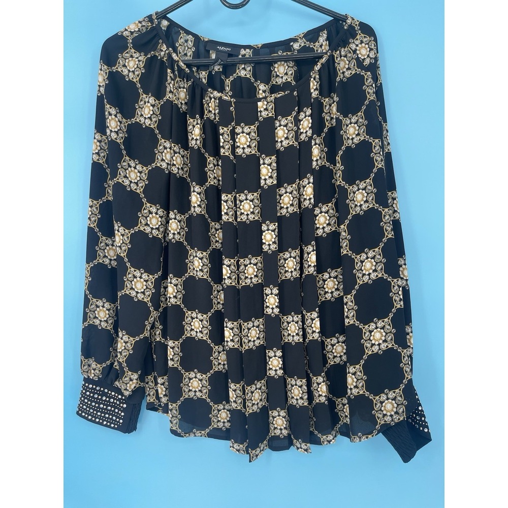 Alfani Women 16W Pullover Blouse Pearl Diamond Print Beaded Cuff Old Money